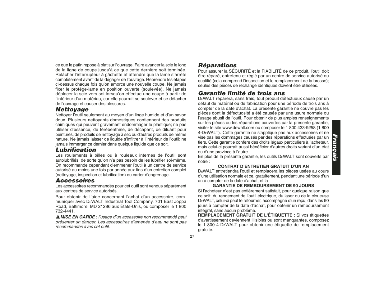 Nettoyage, Lubrification, Accessoires | Réparations, Garantie limité de trois ans, Français | Epson DW935 User Manual | Page 29 / 46