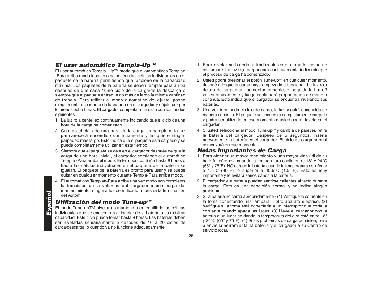 Español, Notas importantes de carga, El usar automático templa-up | Utilización del modo tune-up | Epson DW935 User Manual | Page 38 / 46