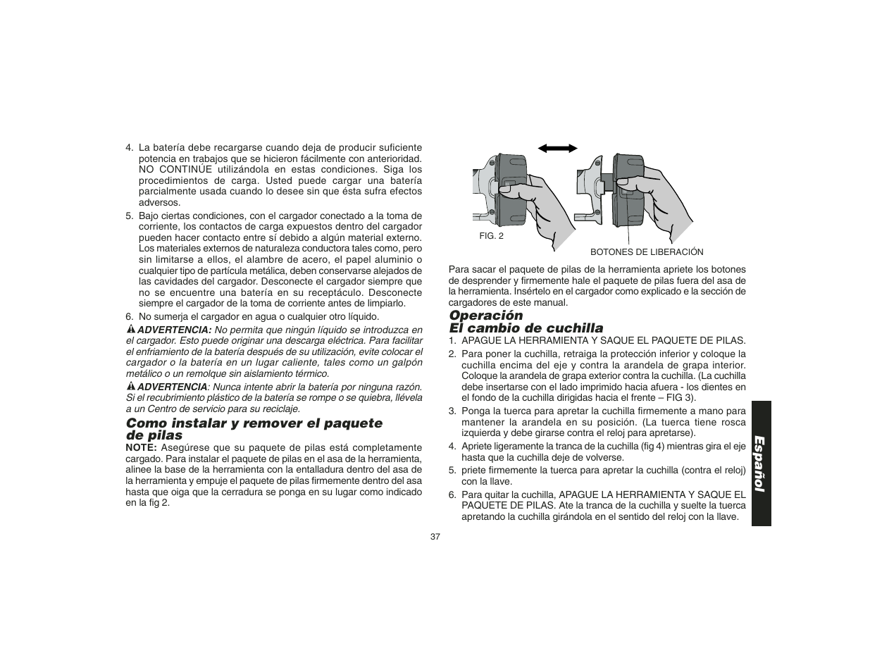 Español, Como instalar y remover el paquete de pilas, Operación el cambio de cuchilla | Epson DW935 User Manual | Page 39 / 46