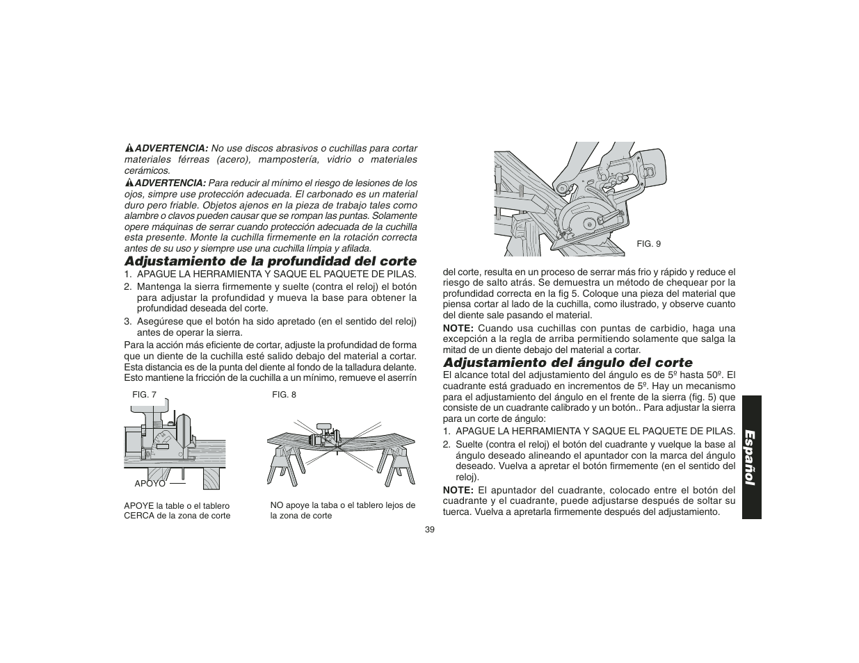 Español, Adjustamiento de la profundidad del corte, Adjustamiento del ángulo del corte | Epson DW935 User Manual | Page 41 / 46