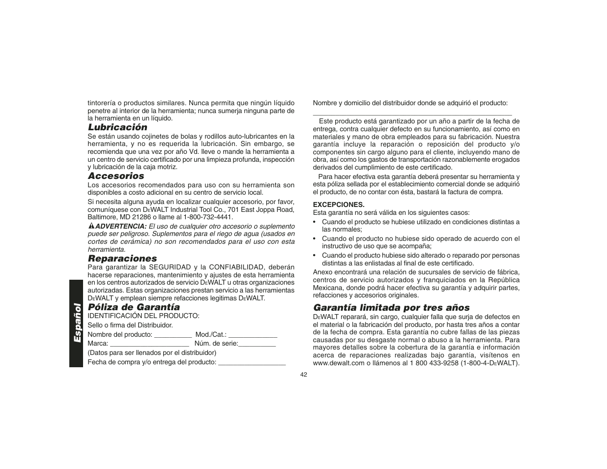 Garantía limitada por tres años, Español, Lubricación | Accesorios, Reparaciones, Póliza de garantía | Epson DW935 User Manual | Page 44 / 46