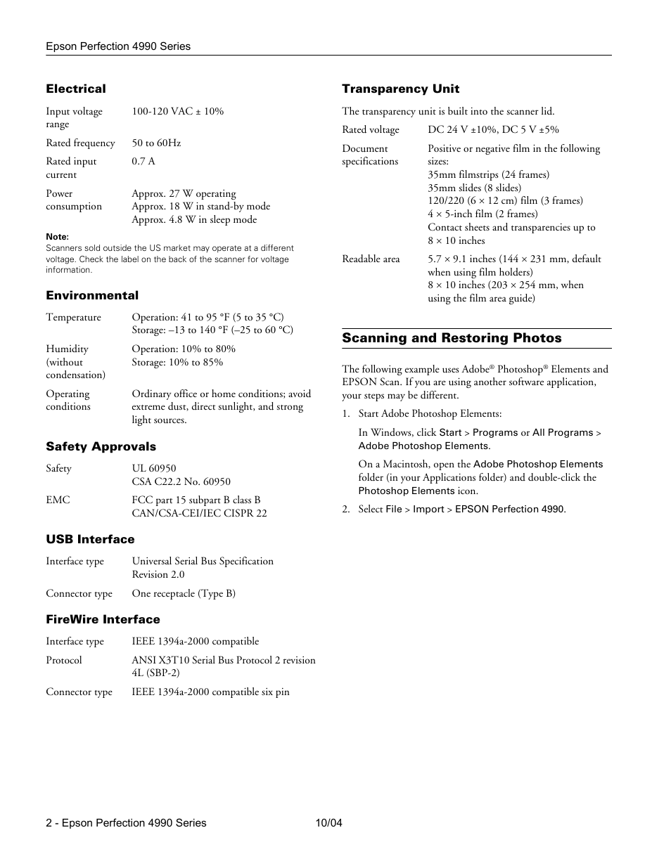 Electrical, Environmental, Safety approvals | Usb interface, Firewire interface, Transparency unit, Scanning and restoring photos | Epson Perfection 4990 Series User Manual | Page 2 / 6