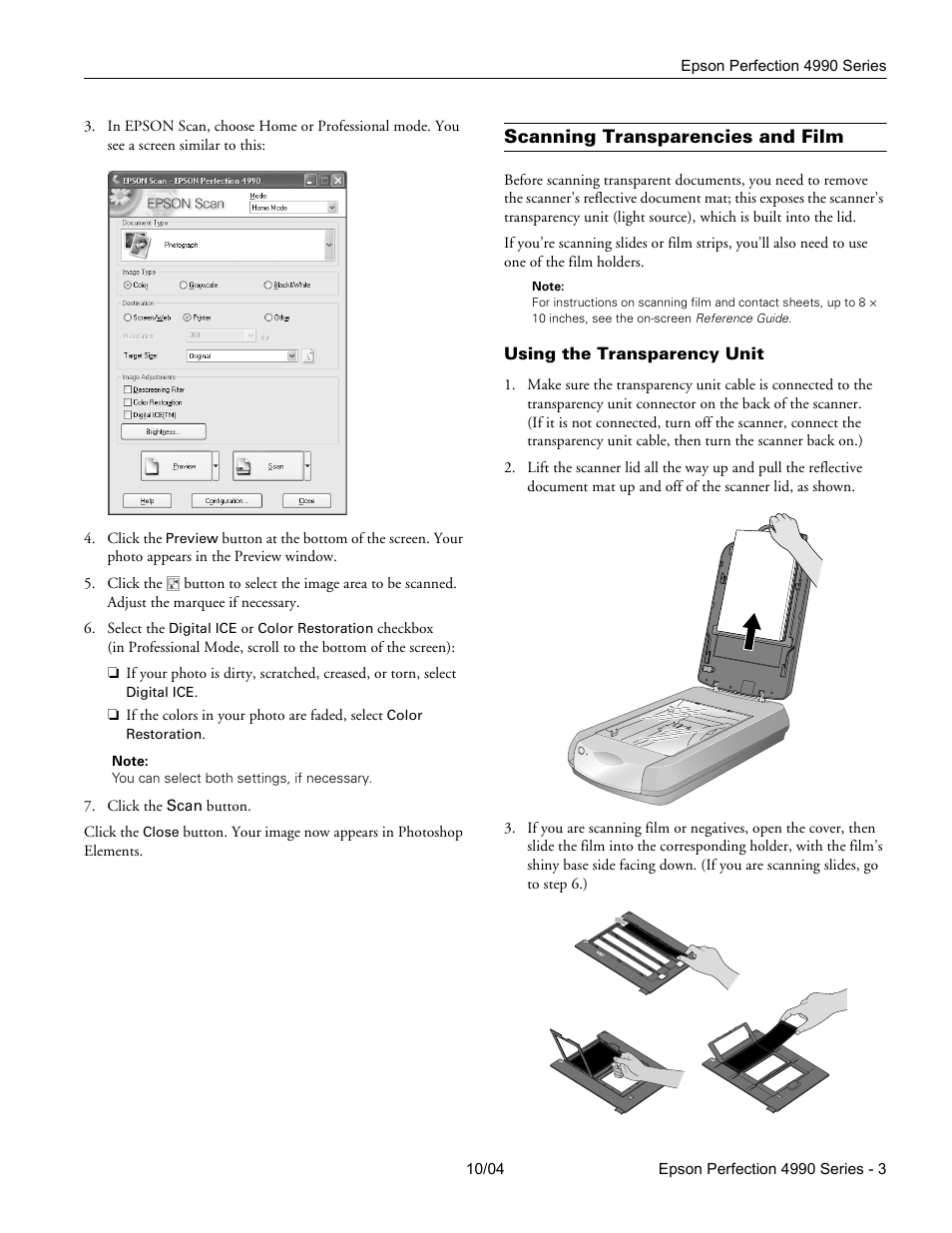 Scanning transparencies and film, Using the transparency unit | Epson Perfection 4990 Series User Manual | Page 3 / 6