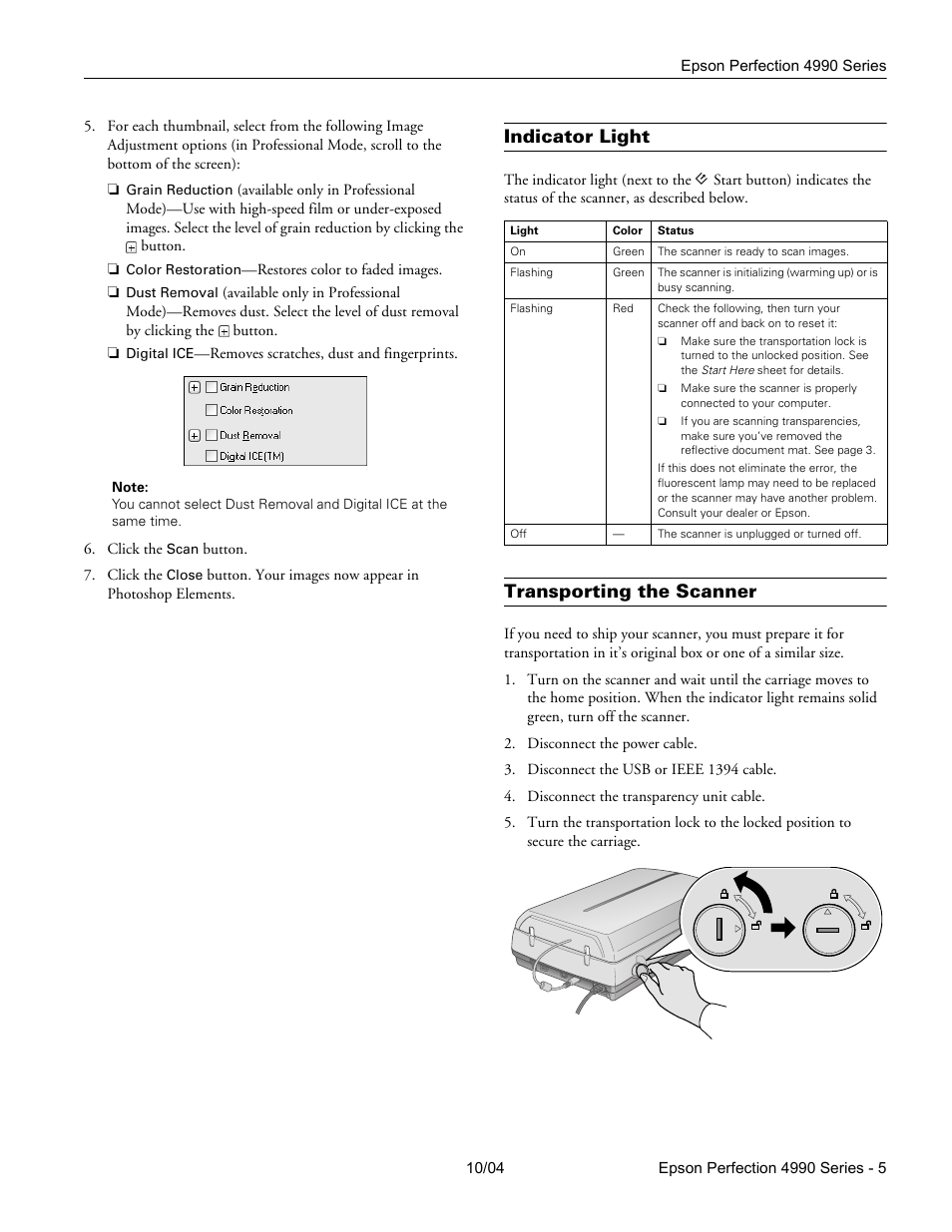 Indicator light, Transporting the scanner | Epson Perfection 4990 Series User Manual | Page 5 / 6