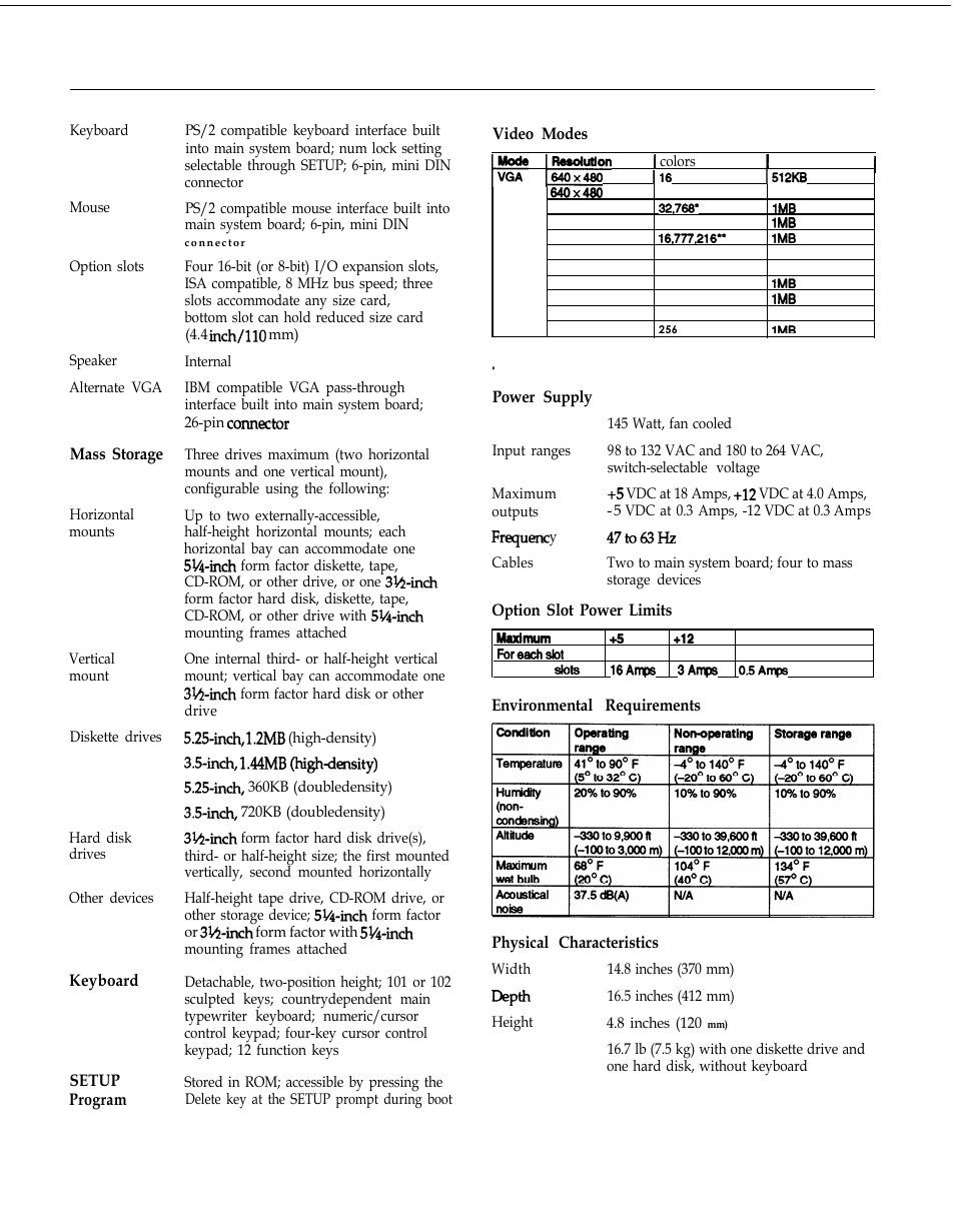 Mass storage, Keyboard, Setup program | Video modes, Power supply, Option slot power limits, Environmental requirements, Physical characteristics, Type, Amps | Epson 4SX/25 User Manual | Page 2 / 8