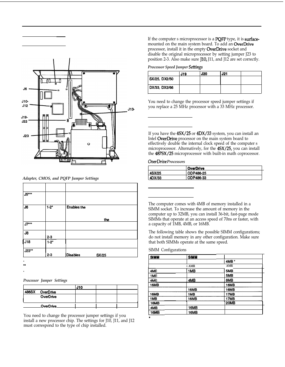 Jumper settings, Processor chips, Simm installation | Simm lnstallation | Epson 4SX/25 User Manual | Page 6 / 8