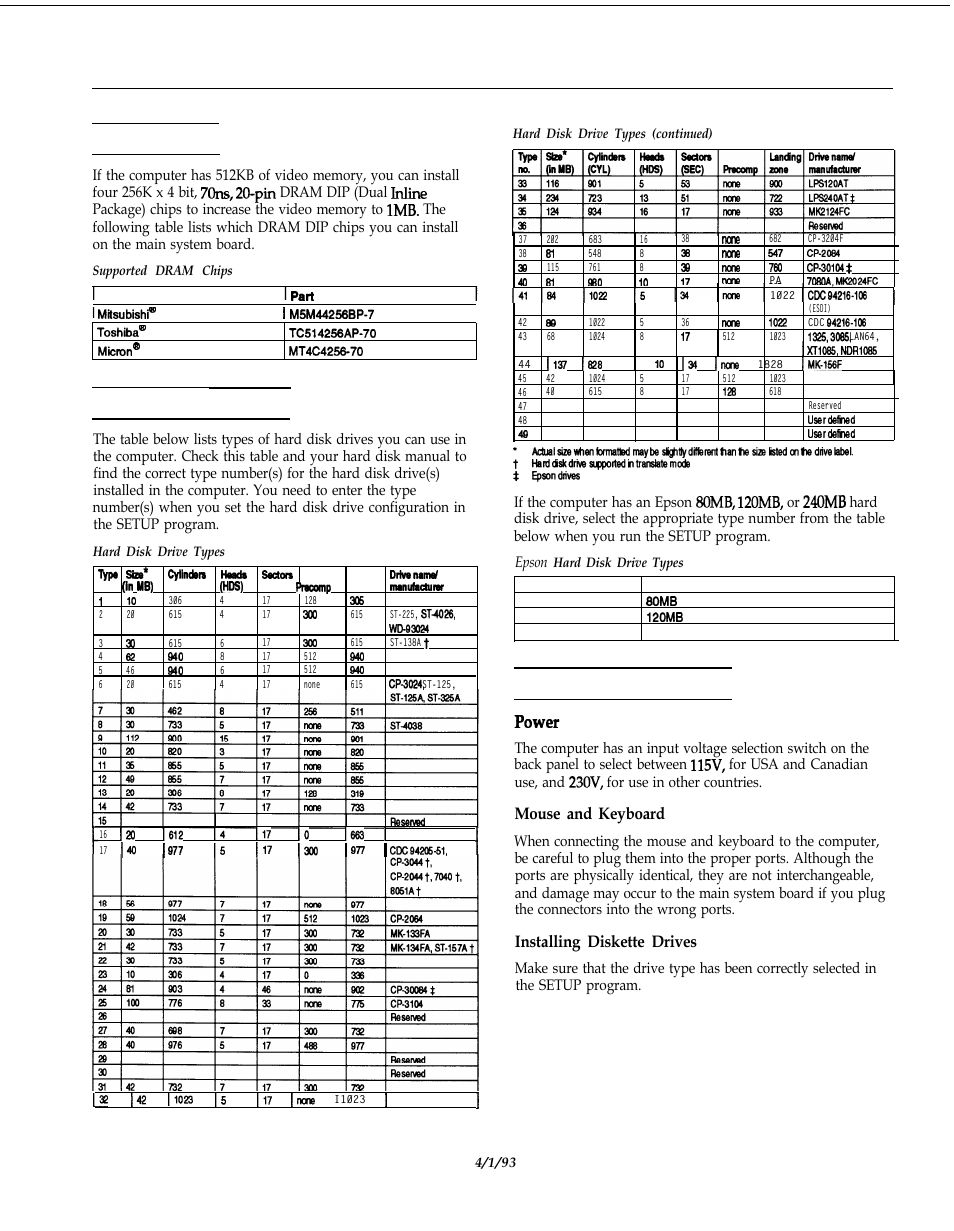 Video memory, Hard disk drive types, Installation / support tips | Power, Mouse and keyboard, Installing diskette drives, Lnstallation/support tips | Epson 4SX/25 User Manual | Page 7 / 8