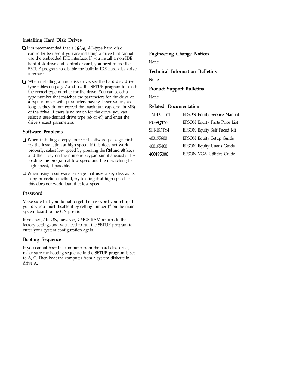 Installing hard disk drives, Software problems, Password | Booting sequence, Information reference list, Related documentation | Epson 4SX/25 User Manual | Page 8 / 8