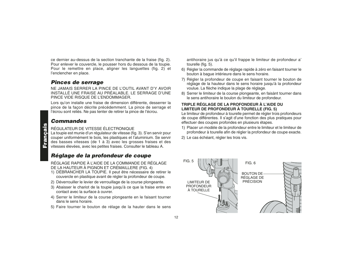 Pinces de serrage, Commandes, Réglage de la profondeur de coupe | Français | Epson DW621 User Manual | Page 15 / 28