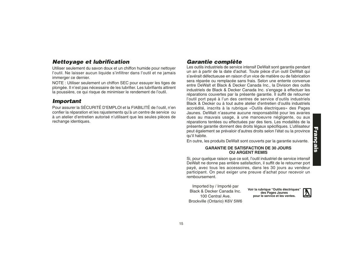 Nettoyage et lubrification, Important, Garantie complète | Français | Epson DW621 User Manual | Page 18 / 28