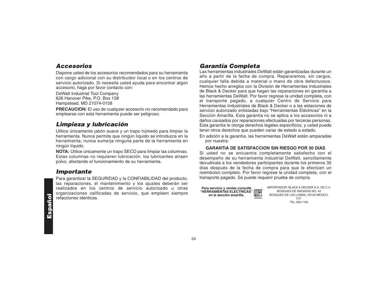 Accesorios, Limpieza y lubricación, Importante | Garantía completa, Español | Epson DW621 User Manual | Page 27 / 28