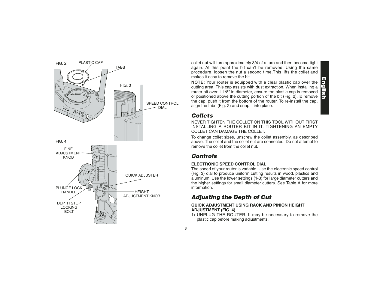 Collets, Controls, Adjusting the depth of cut | English | Epson DW621 User Manual | Page 6 / 28