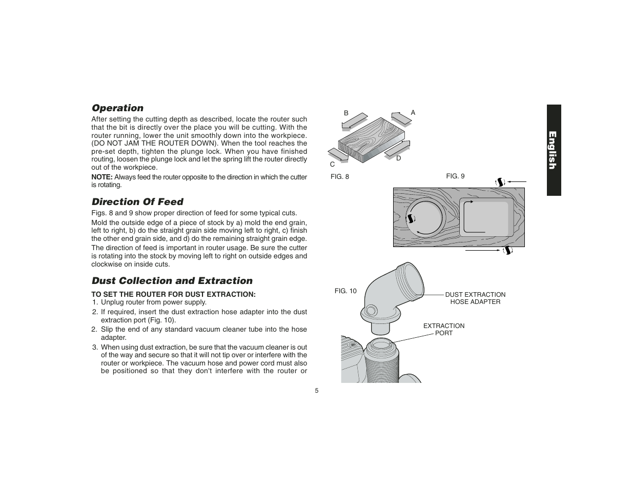 Operation, Direction of feed, Dust collection and extraction | English | Epson DW621 User Manual | Page 8 / 28