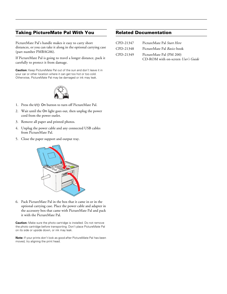 Taking picturemate pal with you, Related documentation | Epson PM 200 User Manual | Page 10 / 10