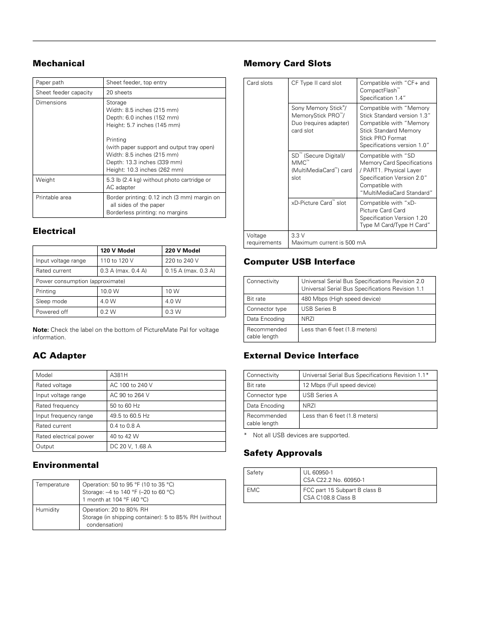 Mechanical, Electrical, Ac adapter | Environmental, Memory card slots, Computer usb interface, External device interface, Safety approvals, Picturemate pal (pm 200), Mechanical electrical | Epson PM 200 User Manual | Page 2 / 10