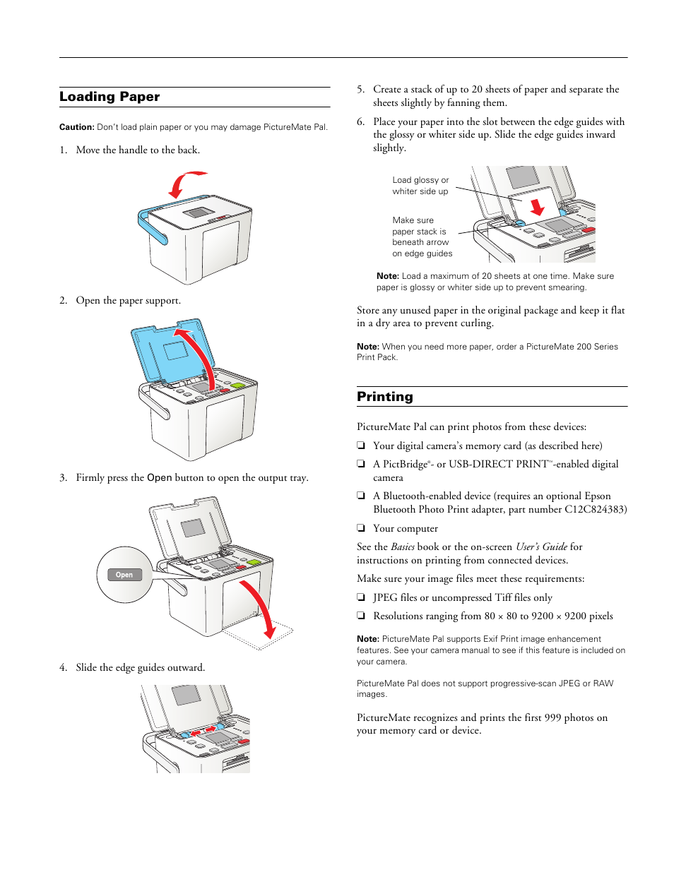 Loading paper, Printing, Picturemate pal (pm 200) | Epson PM 200 User Manual | Page 3 / 10