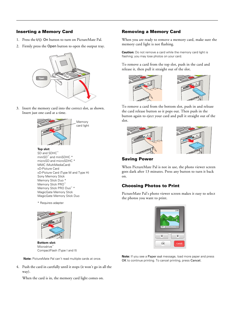 Inserting a memory card removing a memory card, Saving power, Choosing photos to print | Picturemate pal (pm 200) | Epson PM 200 User Manual | Page 4 / 10