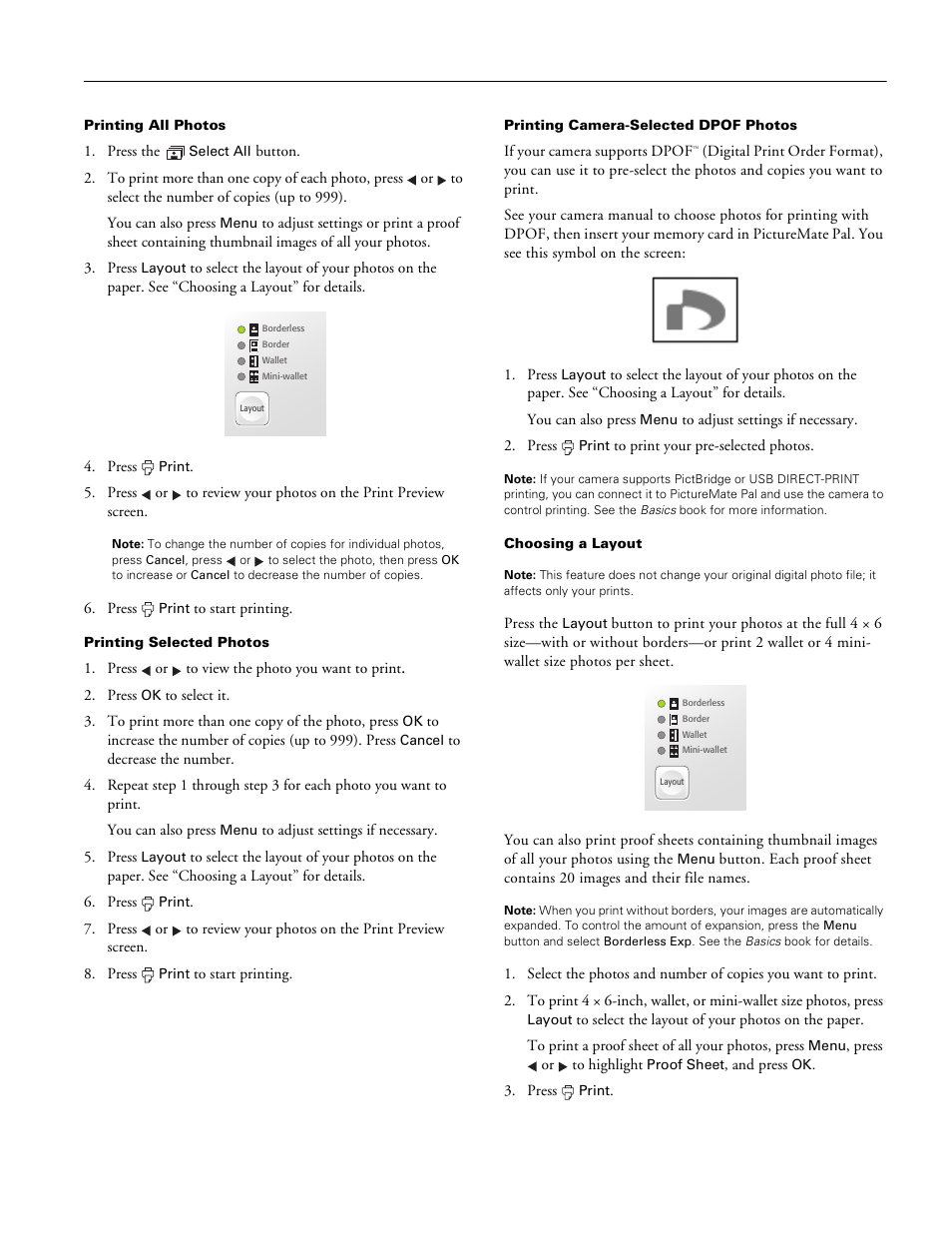 Printing all photos, Printing selected photos, Printing camera-selected dpof photos | Choosing a layout, Picturemate pal (pm 200) | Epson PM 200 User Manual | Page 5 / 10