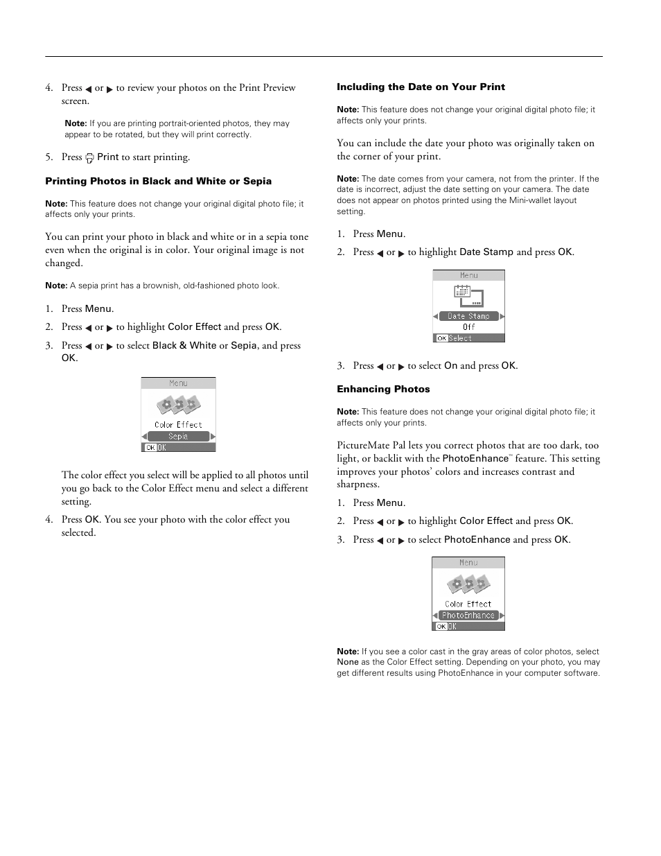 Printing photos in black and white or sepia, Including the date on your print, Enhancing photos | Picturemate pal (pm 200) | Epson PM 200 User Manual | Page 6 / 10