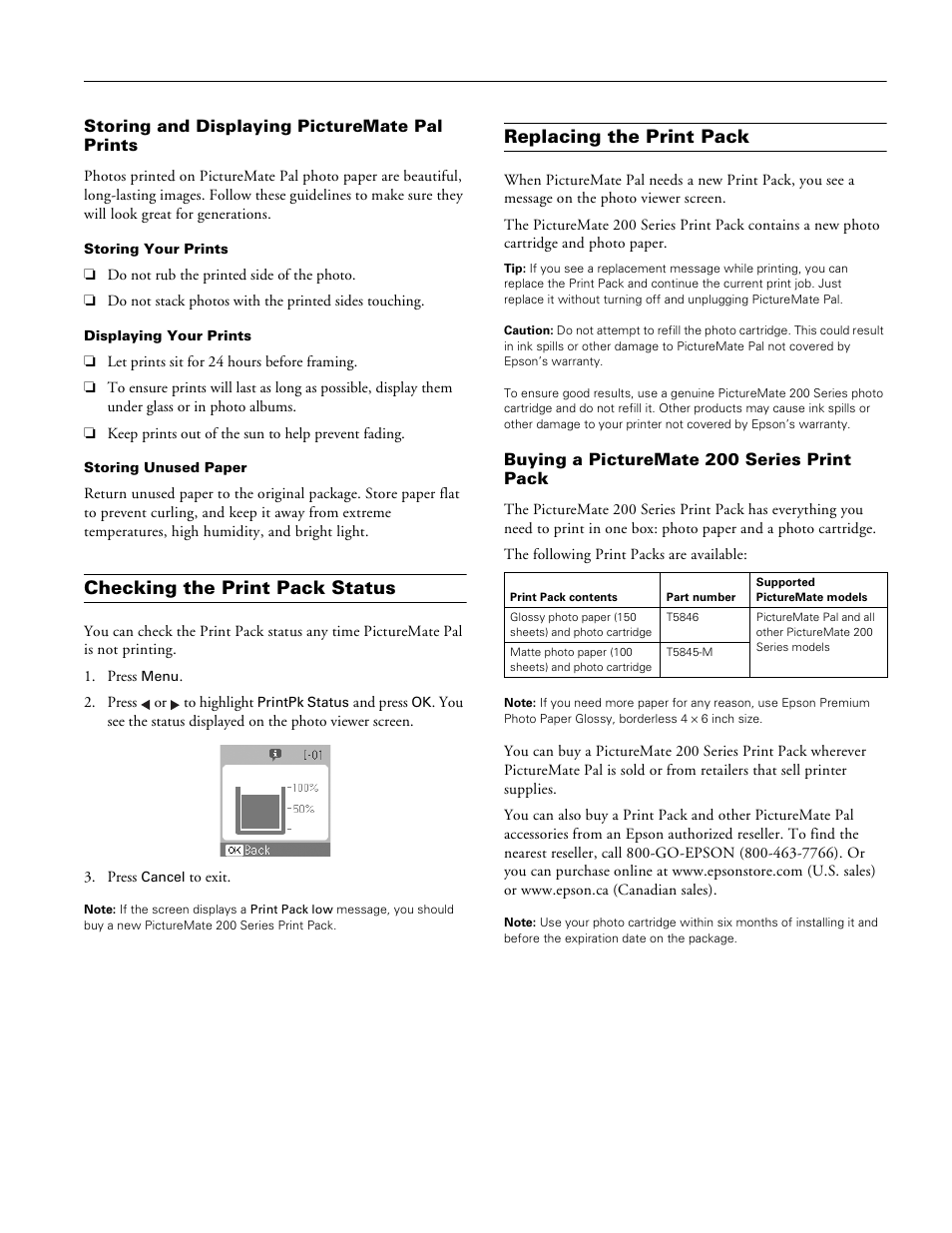 Storing and displaying picturemate pal prints, Storing your prints, Displaying your prints | Storing unused paper, Checking the print pack status, Replacing the print pack, Buying a picturemate 200 series print pack, Picturemate pal (pm 200) | Epson PM 200 User Manual | Page 7 / 10
