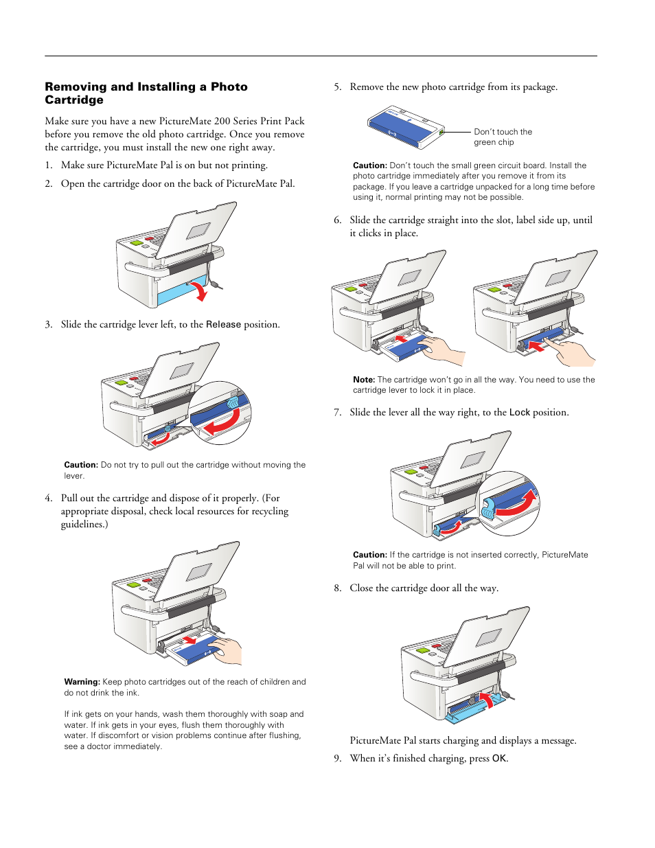 Removing and installing a photo cartridge, Picturemate pal (pm 200) | Epson PM 200 User Manual | Page 8 / 10