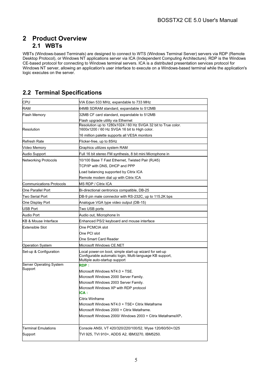2 product overview, 1 wbts, 2 terminal specifications | Bosstx2 ce 5.0 user's manual | Epson Windows-Based Terminal BOSSTX2 CE 5.0 User Manual | Page 10 / 88