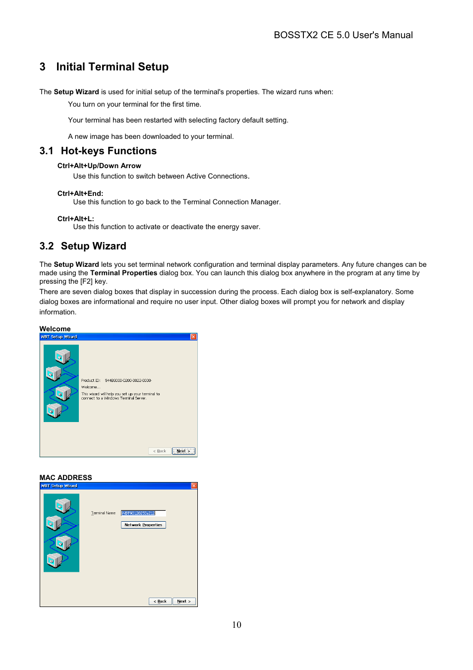 3 initial terminal setup, 1 hot-keys functions, 2 setup wizard | Bosstx2 ce 5.0 user's manual | Epson Windows-Based Terminal BOSSTX2 CE 5.0 User Manual | Page 15 / 88