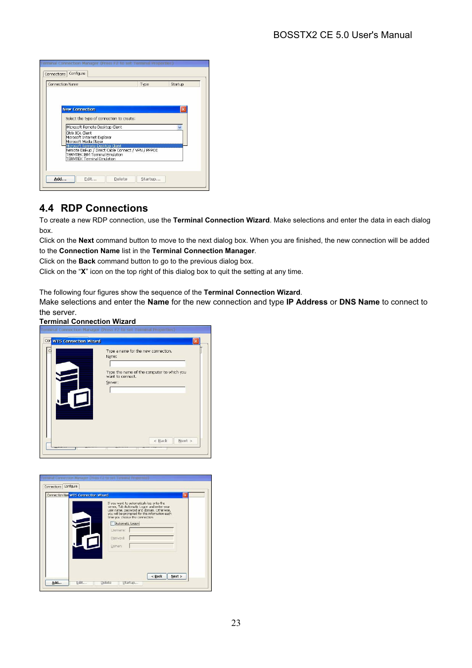 4 rdp connections, Bosstx2 ce 5.0 user's manual | Epson Windows-Based Terminal BOSSTX2 CE 5.0 User Manual | Page 28 / 88