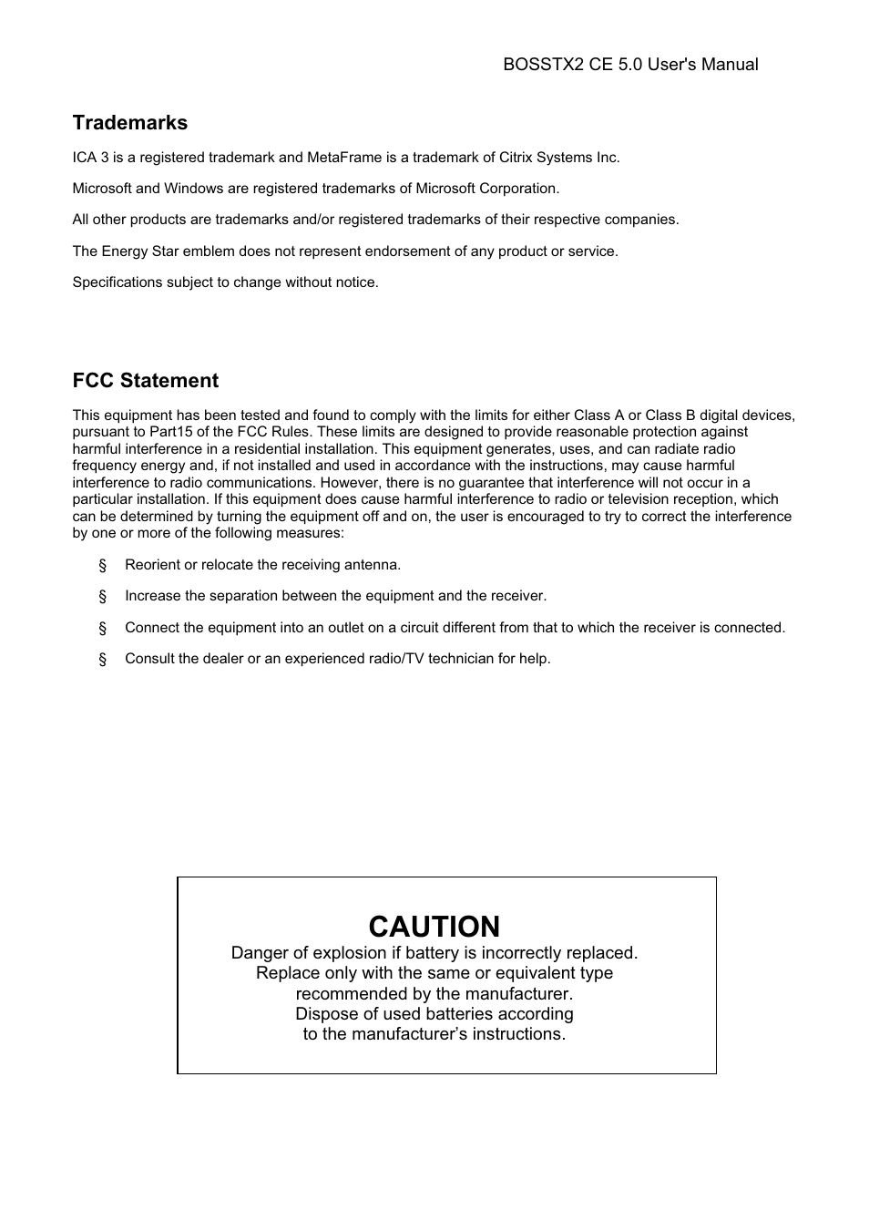 Caution, Trademarks, Fcc statement | Epson Windows-Based Terminal BOSSTX2 CE 5.0 User Manual | Page 5 / 88