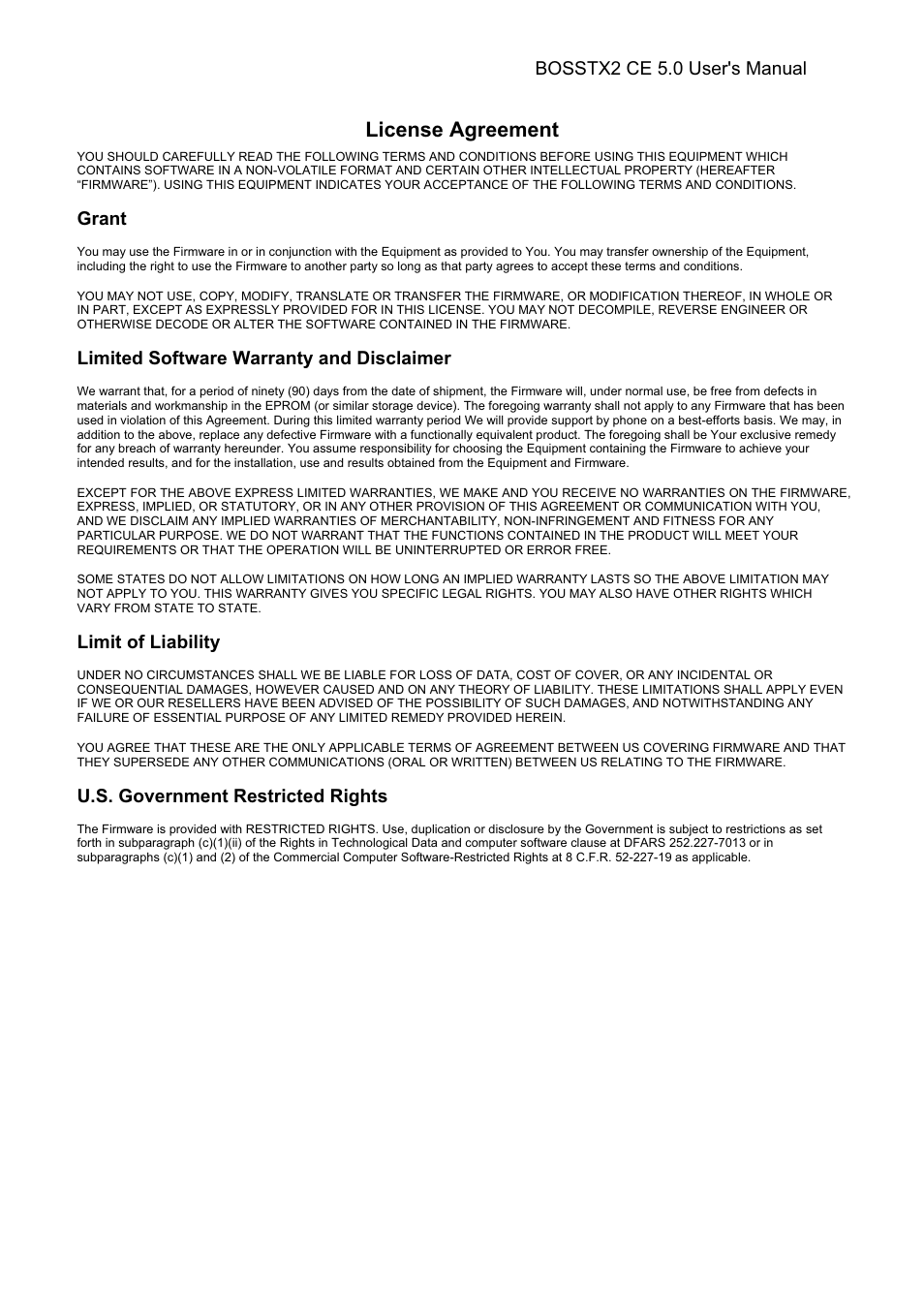 License agreement, Grant, Limited software warranty and disclaimer | Limit of liability, U.s. government restricted rights, Bosstx2 ce 5.0 user's manual | Epson Windows-Based Terminal BOSSTX2 CE 5.0 User Manual | Page 6 / 88