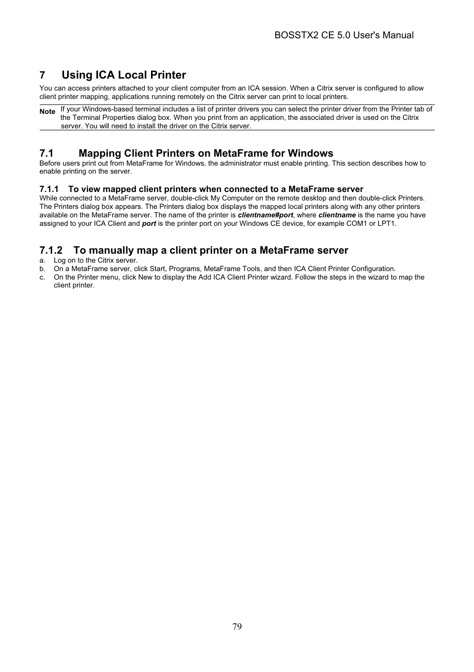 Using ica local printer, 1 mapping client printers on metaframe for windows | Epson Windows-Based Terminal BOSSTX2 CE 5.0 User Manual | Page 84 / 88