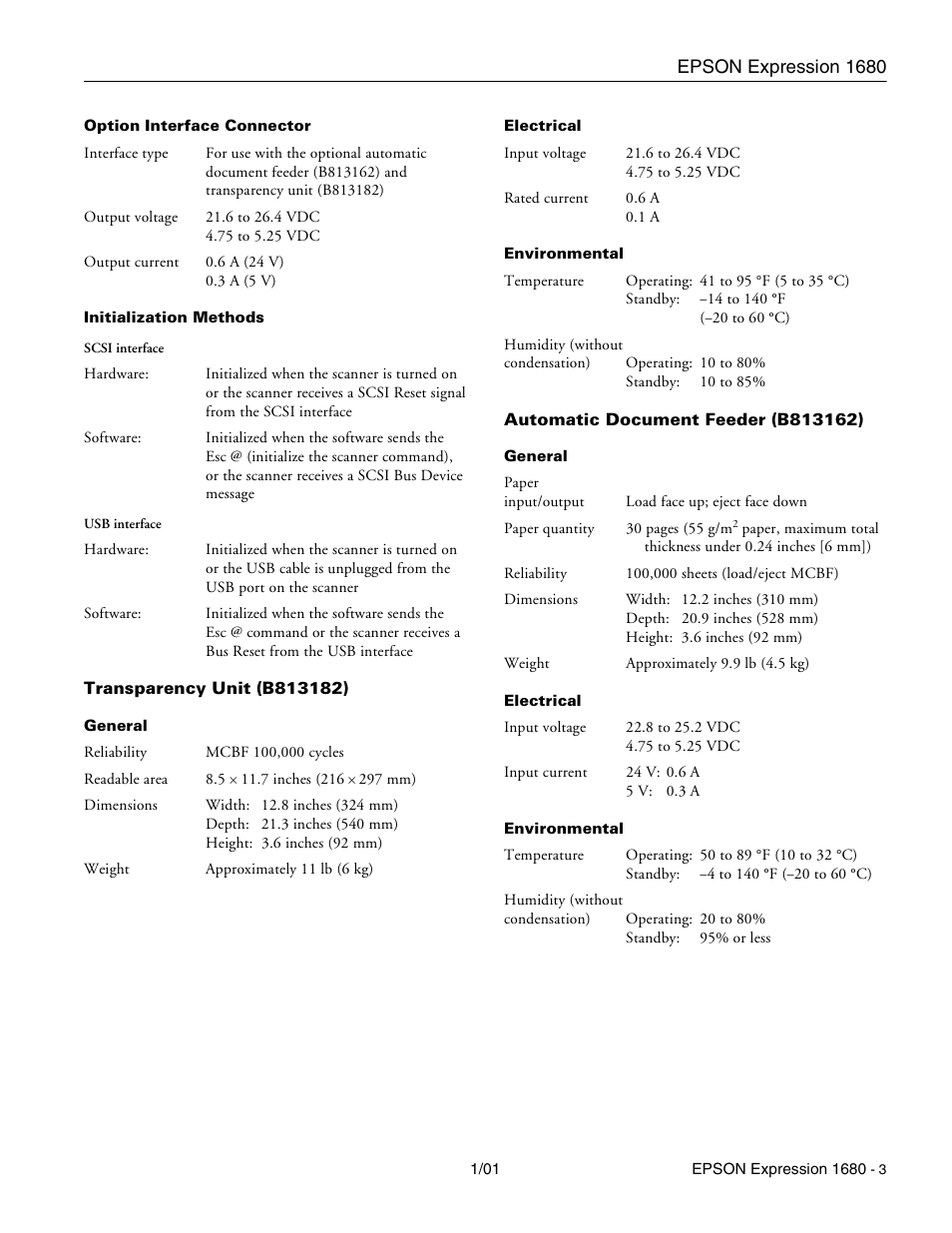 Transparency unit (b813182), Automatic document feeder (b813162) | Epson Expression 1680 User Manual | Page 3 / 8