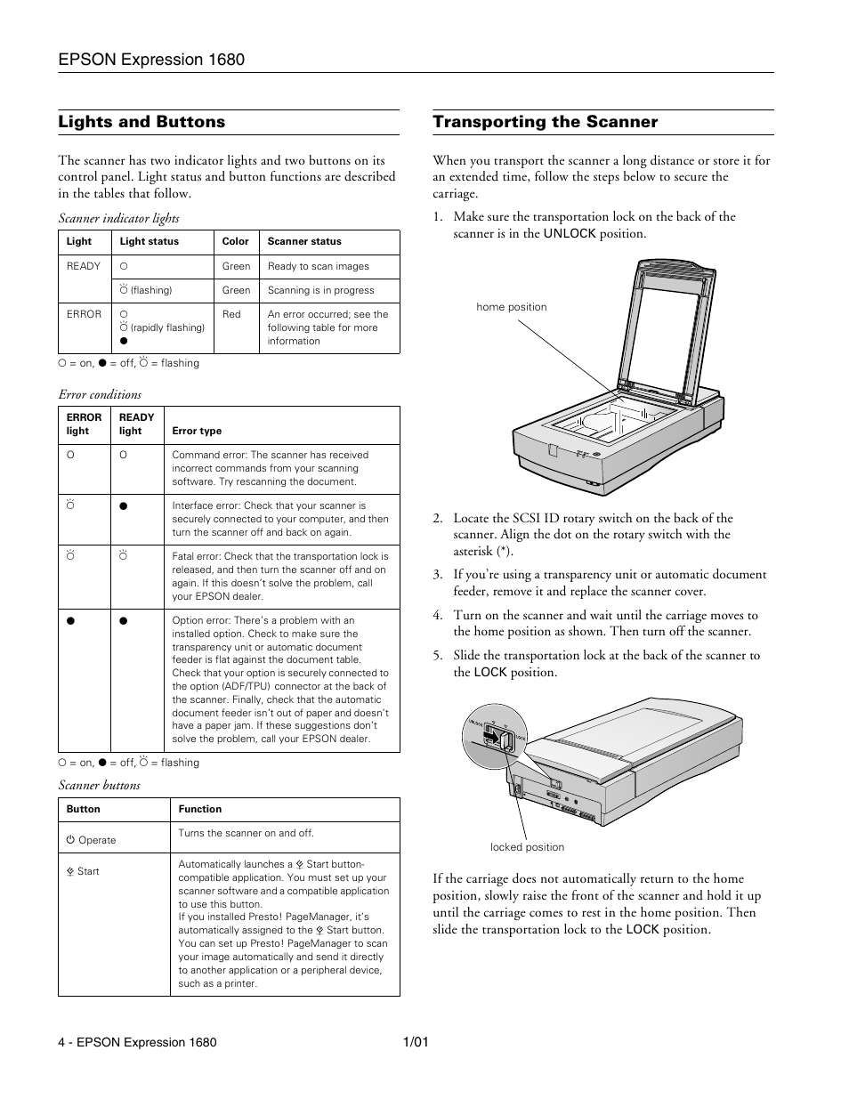 Lights and buttons, Transporting the scanner, Epson expression 1680 | Epson Expression 1680 User Manual | Page 4 / 8