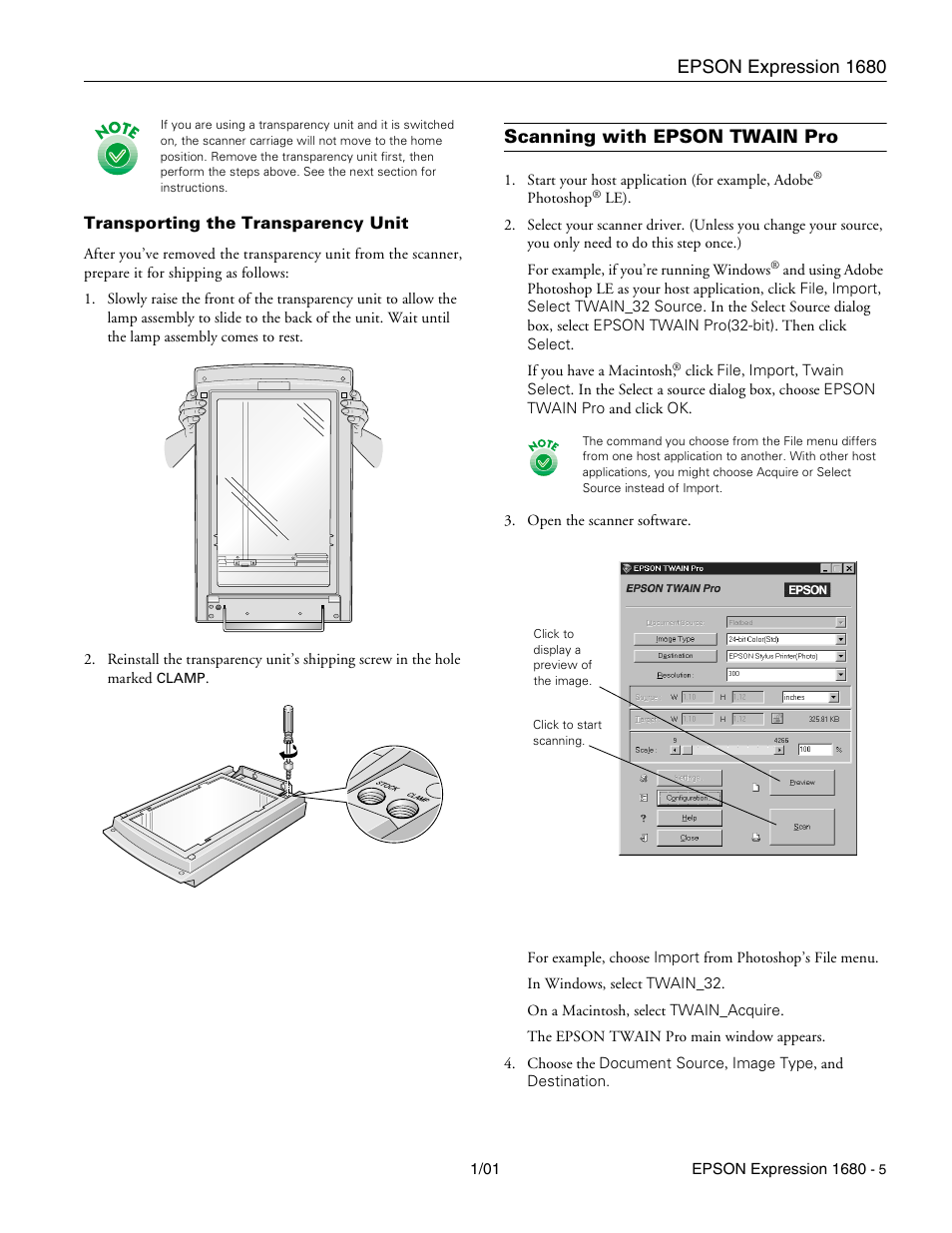 Transporting the transparency unit, Scanning with epson twain pro, Epson expression 1680 | Epson Expression 1680 User Manual | Page 5 / 8