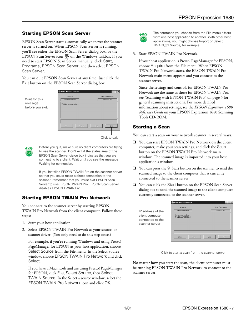 Starting epson scan server, Starting epson twain pro network, Starting a scan | Epson expression 1680 | Epson Expression 1680 User Manual | Page 7 / 8