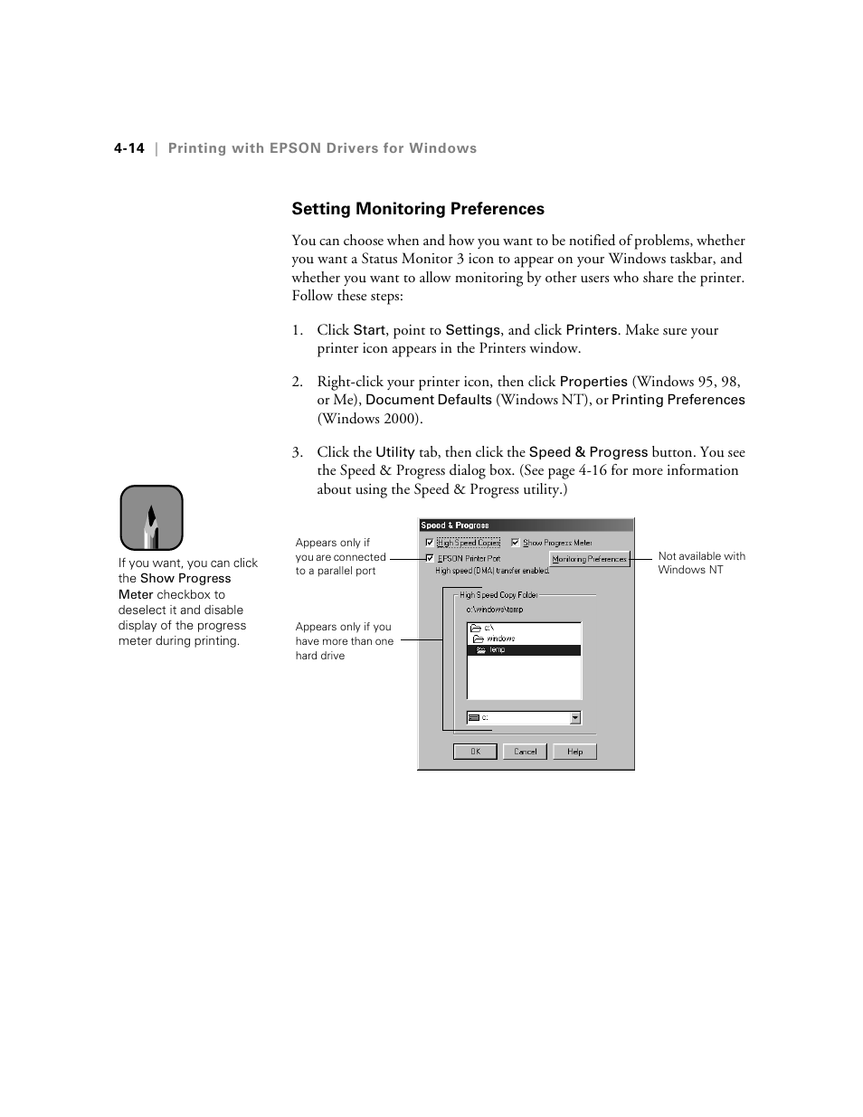 Setting monitoring preferences, Setting monitoring preferences -14 | Epson StylusPro10000 User Manual | Page 100 / 168