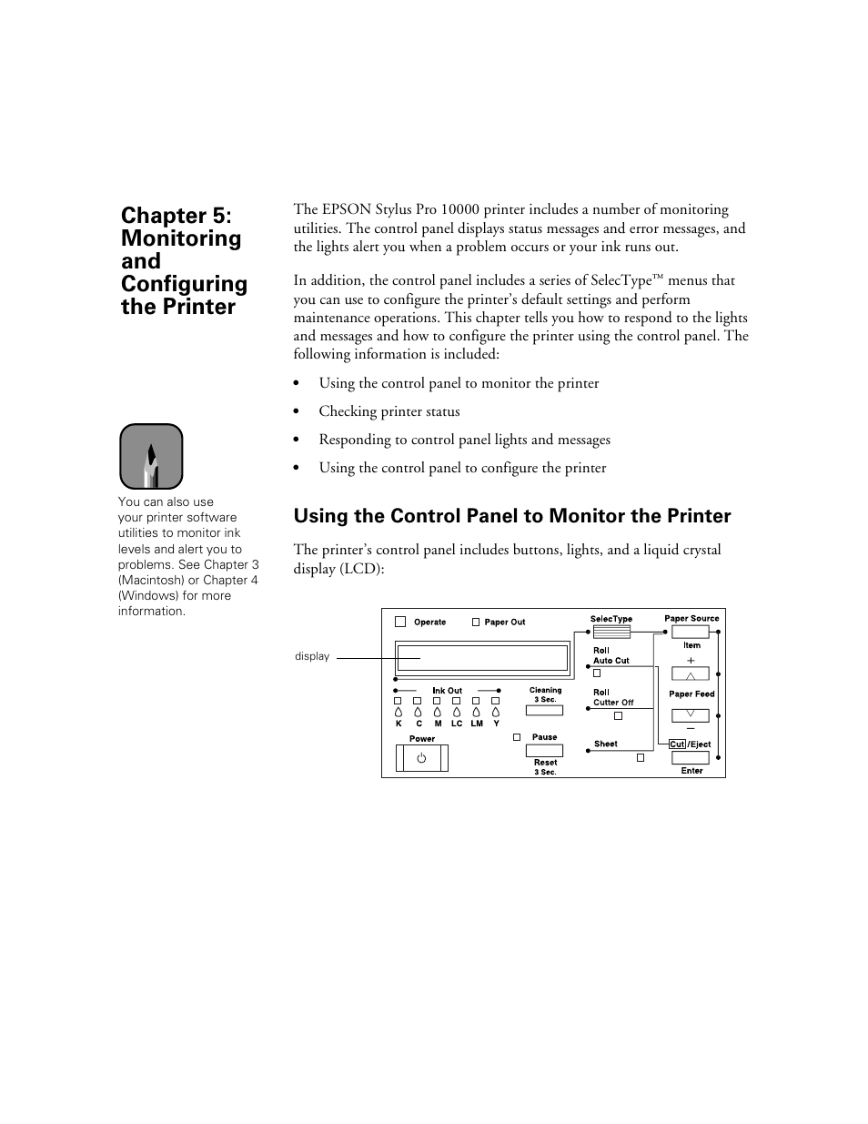 Using the control panel to monitor the printer, Chap 5-monitoring and configuring the printer, 5 monitoring and configuring the printer | Using the control panel to monitor the printer -1, Chapter 5: monitoring and configuring the printer | Epson StylusPro10000 User Manual | Page 105 / 168