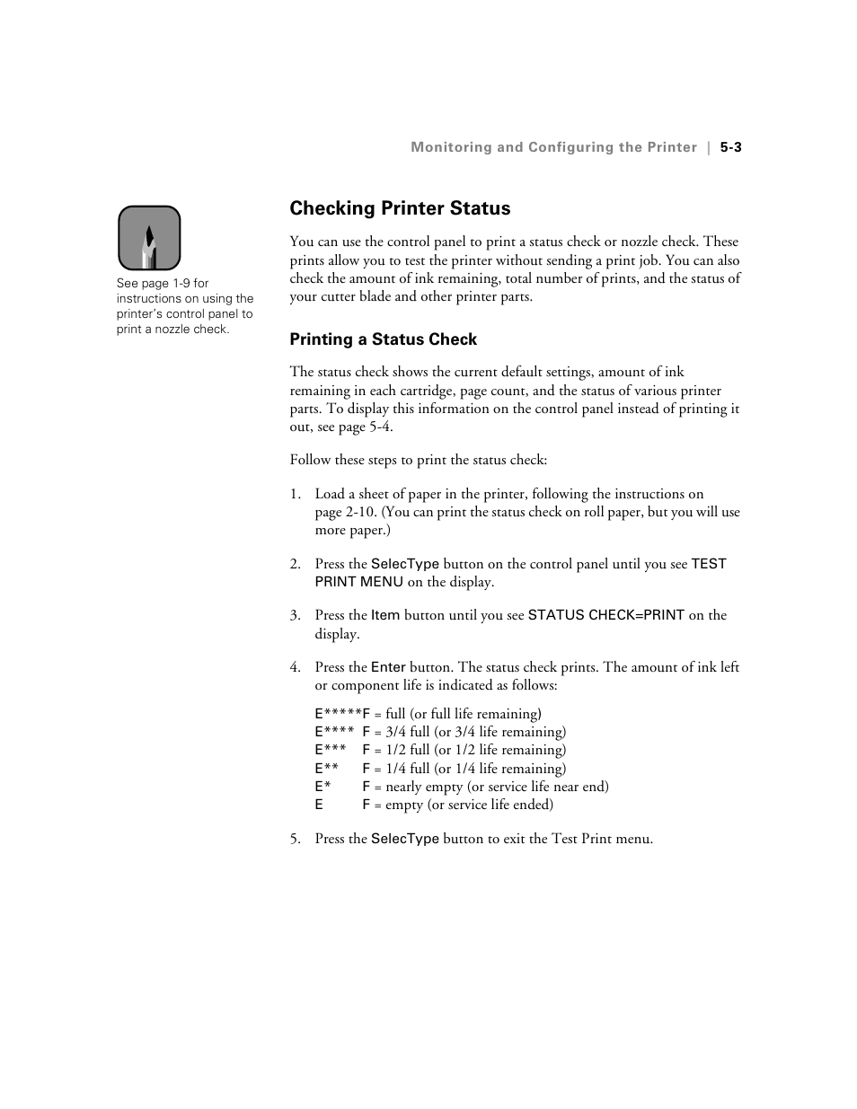 Checking printer status, Printing a status check, Checking printer status -3 | Printing a status check -3 | Epson StylusPro10000 User Manual | Page 107 / 168