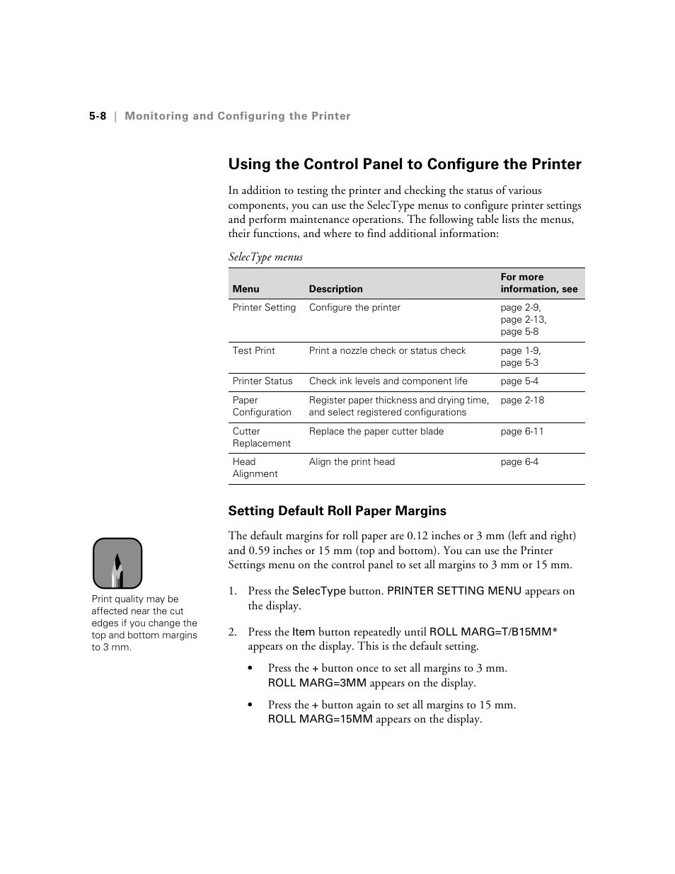 Using the control panel to configure the printer, Setting default roll paper margins, Setting default roll paper margins -8 | Epson StylusPro10000 User Manual | Page 112 / 168