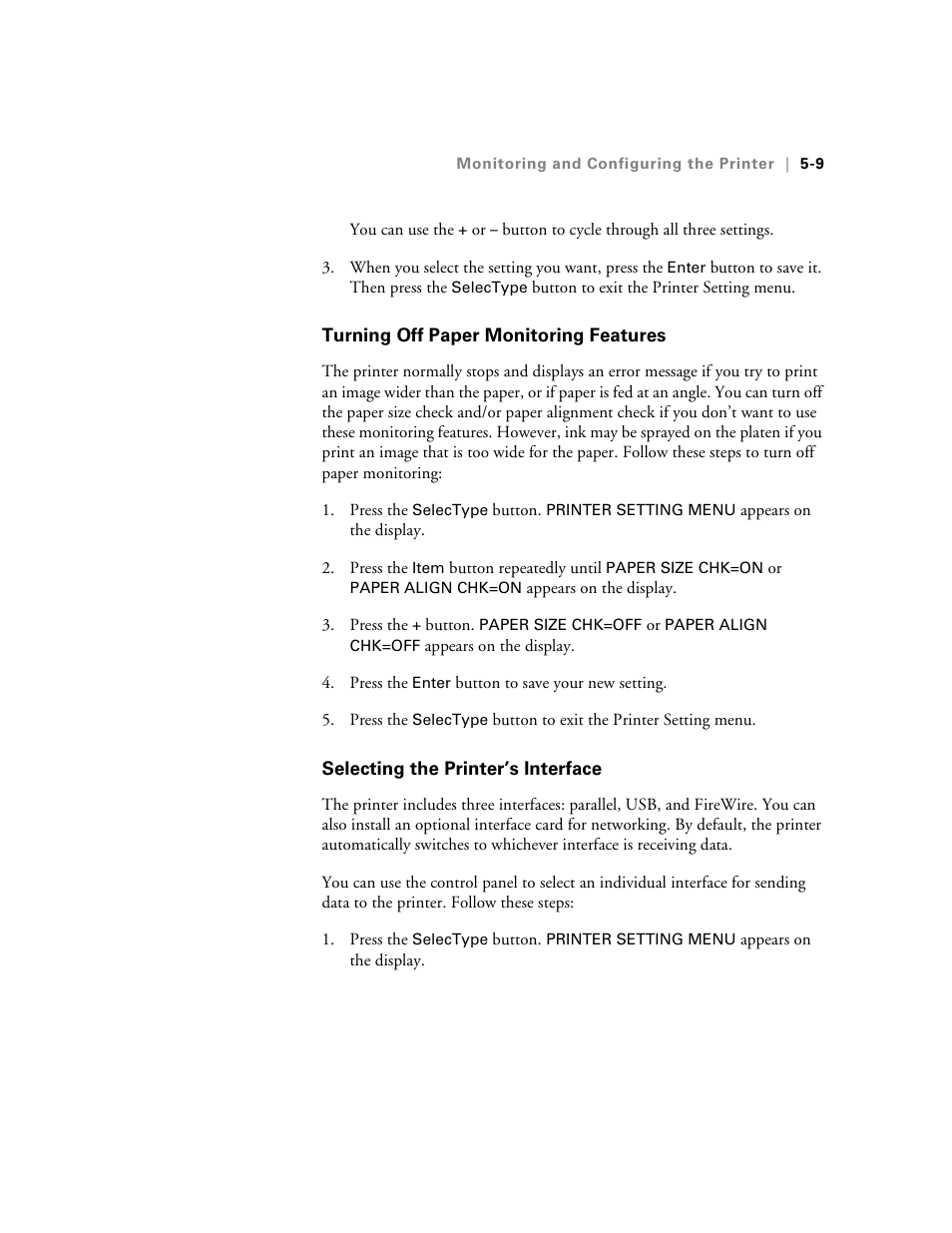 Turning off paper monitoring features, Selecting the printer’s interface | Epson StylusPro10000 User Manual | Page 113 / 168