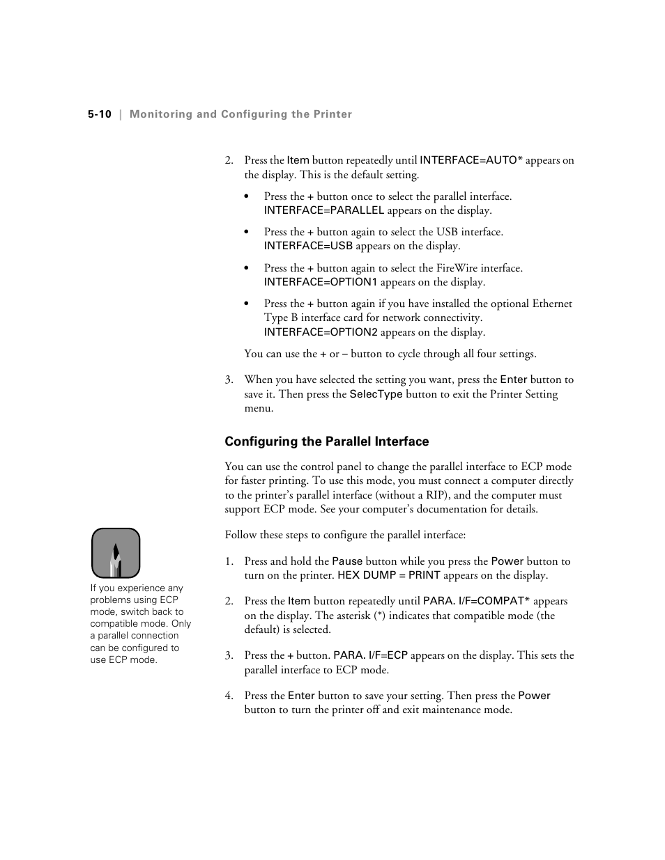 Configuring the parallel interface, Configuring the parallel interface -10 | Epson StylusPro10000 User Manual | Page 114 / 168