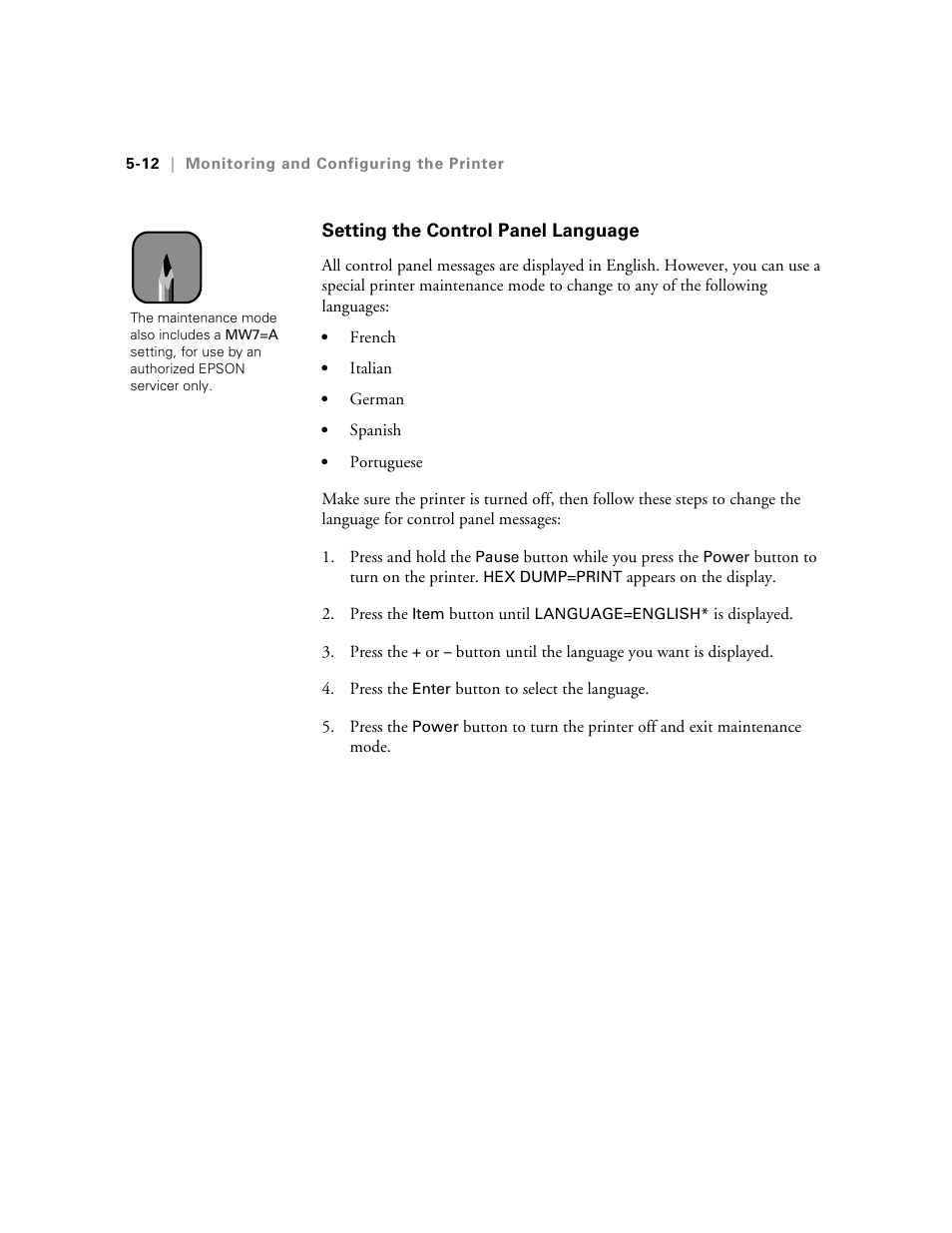 Setting the control panel language, Setting the control panel language -12 | Epson StylusPro10000 User Manual | Page 116 / 168