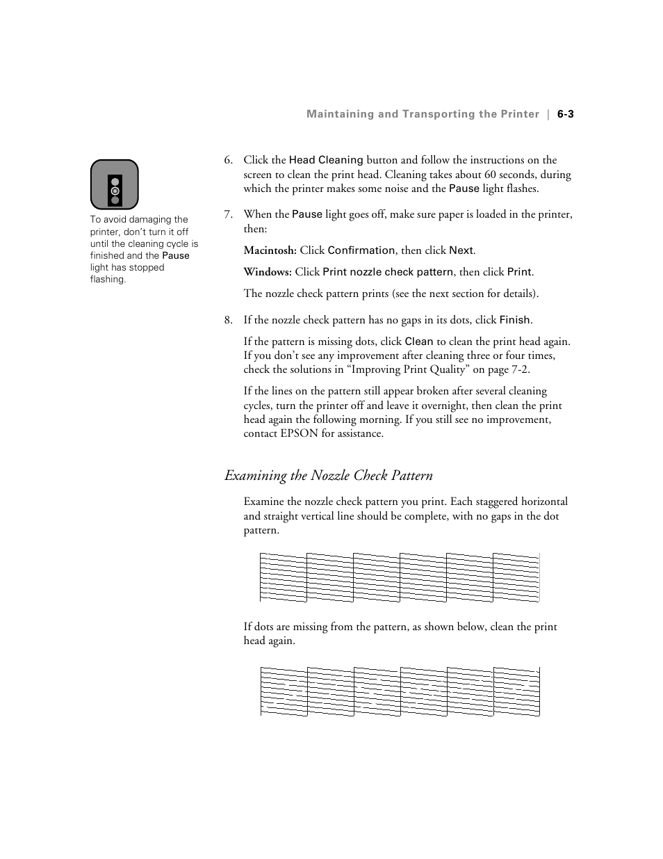 Examining the nozzle check pattern | Epson StylusPro10000 User Manual | Page 119 / 168