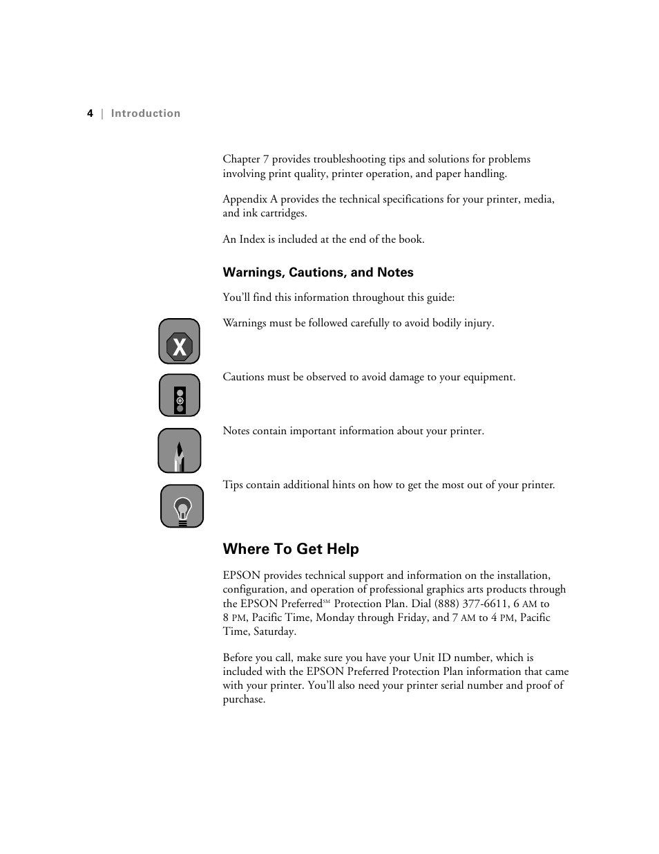 Warnings, cautions, and notes, Where to get help | Epson StylusPro10000 User Manual | Page 12 / 168