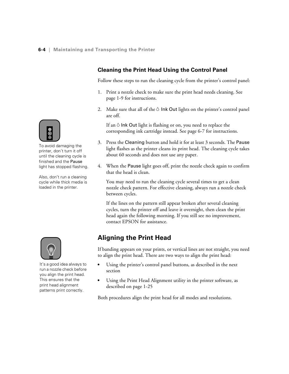 Cleaning the print head using the control panel, Aligning the print head, Cleaning the print head using the control panel -4 | Aligning the print head -4 | Epson StylusPro10000 User Manual | Page 120 / 168