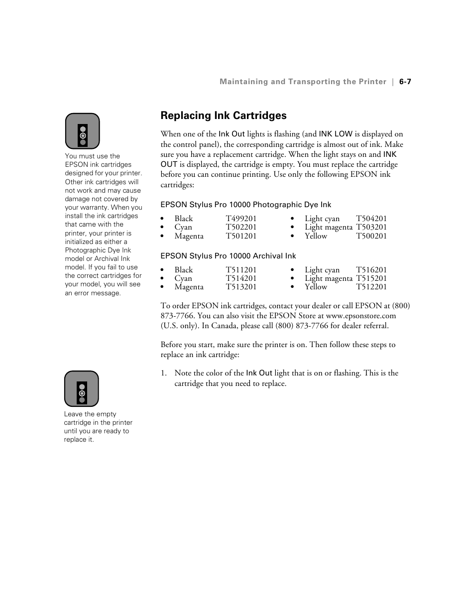 Replacing ink cartridges, Replacing ink cartridges -7 | Epson StylusPro10000 User Manual | Page 123 / 168