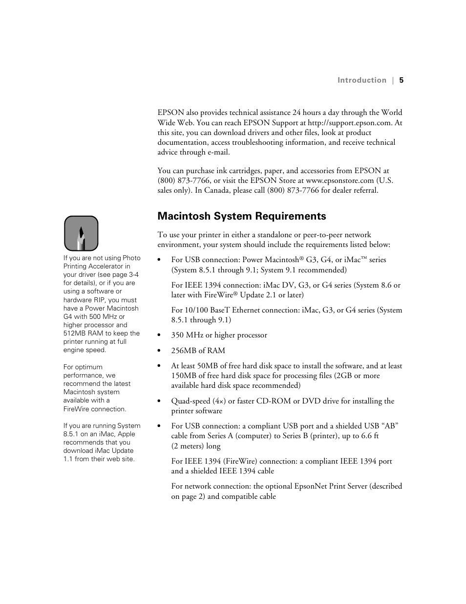 Macintosh system requirements | Epson StylusPro10000 User Manual | Page 13 / 168