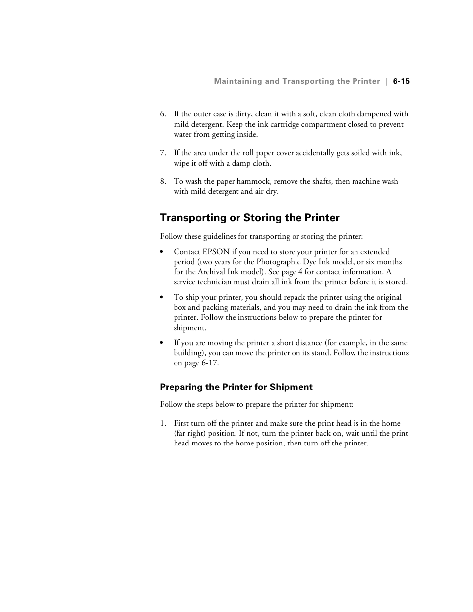 Transporting or storing the printer, Preparing the printer for shipment, Transporting or storing the printer -15 | Preparing the printer for shipment -15 | Epson StylusPro10000 User Manual | Page 131 / 168