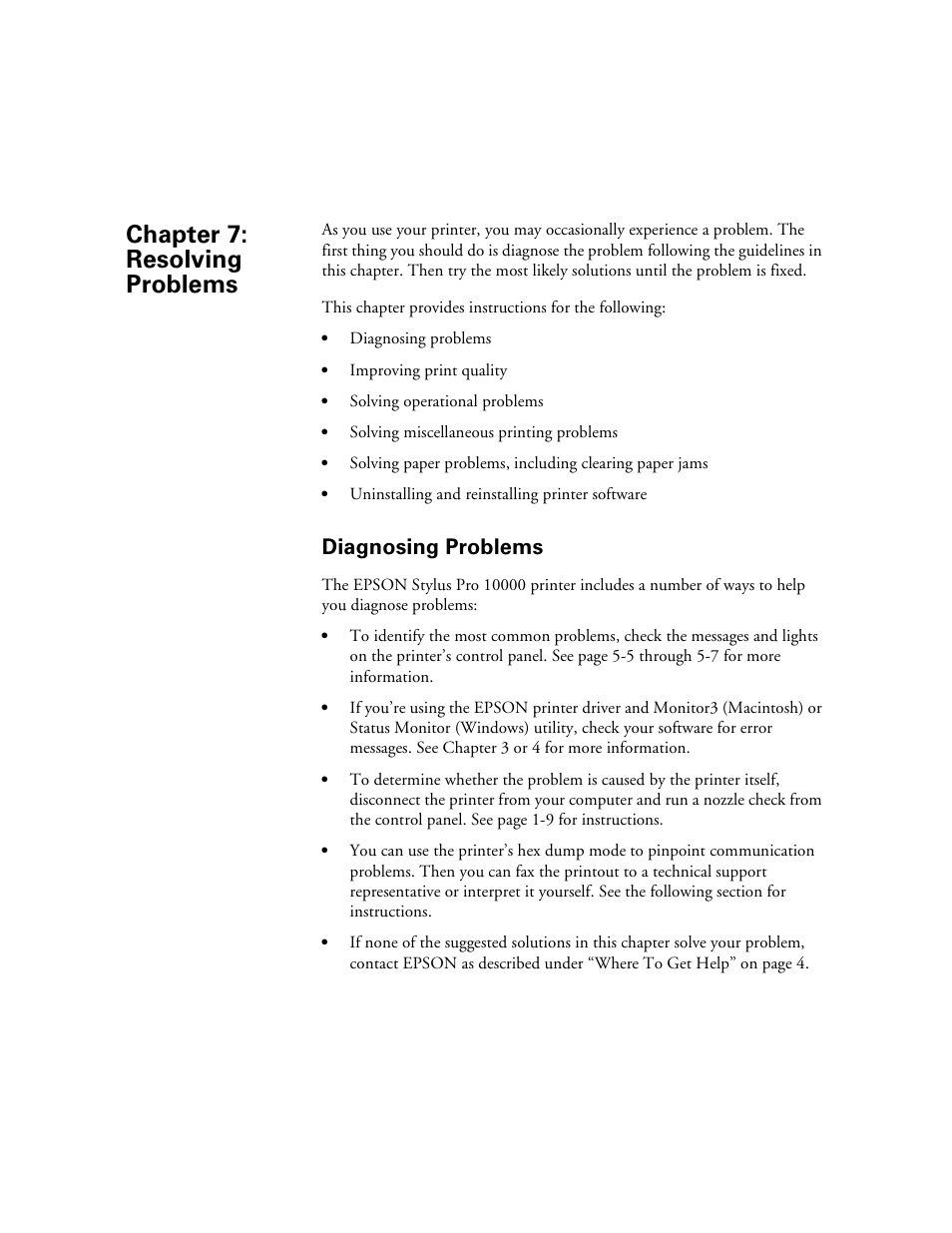 Diagnosing problems, Chap 7-resolving problems, 7 resolving problems | Diagnosing problems -1, Chapter 7: resolving problems | Epson StylusPro10000 User Manual | Page 137 / 168