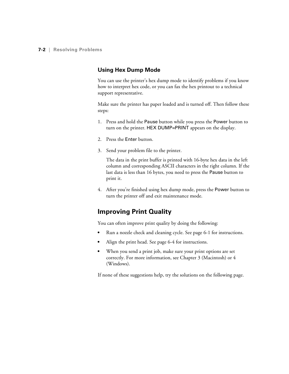 Using hex dump mode, Improving print quality, Using hex dump mode -2 | Improving print quality -2 | Epson StylusPro10000 User Manual | Page 138 / 168